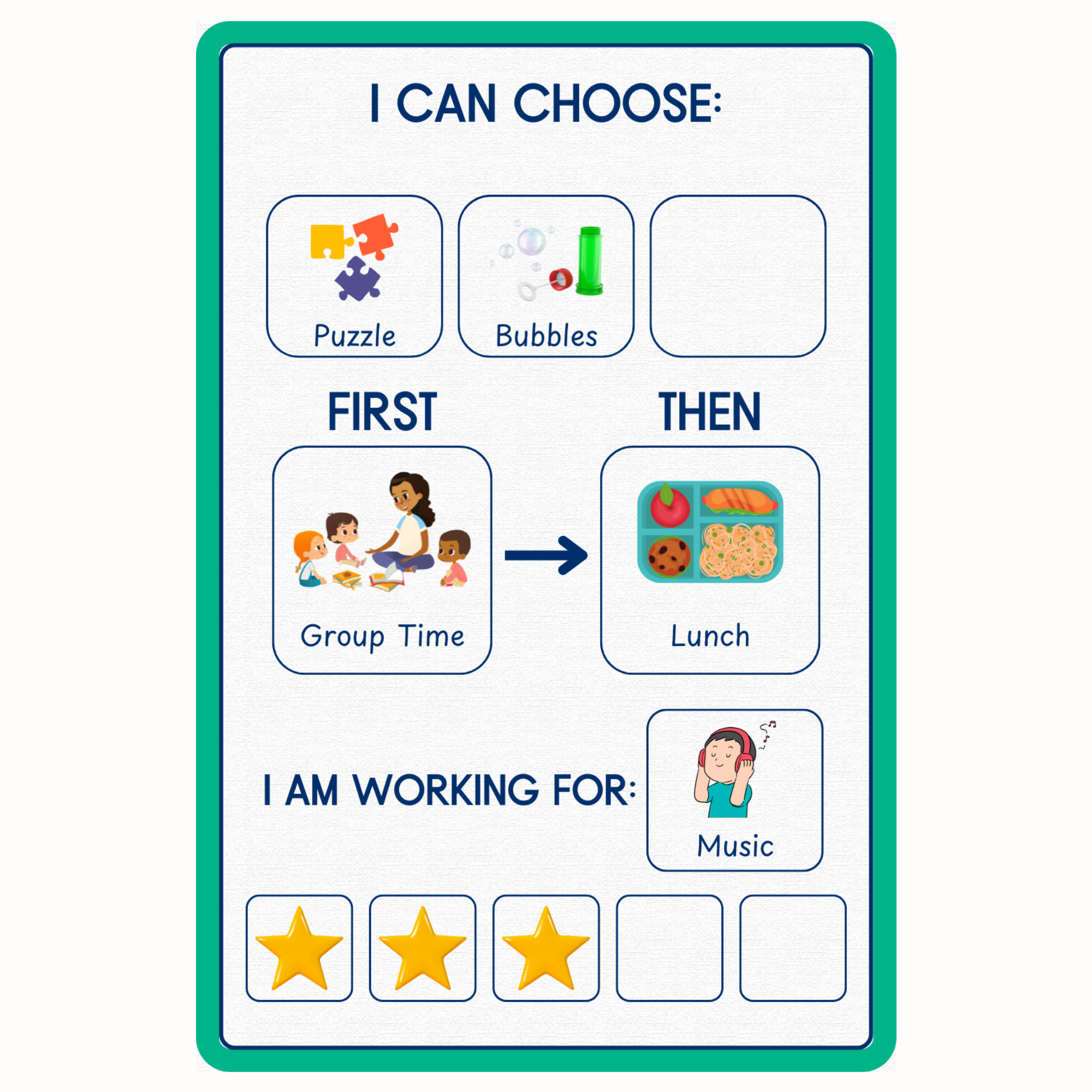 Schedule board with choices: puzzle or bubbles. Sequence: "First" shows group time, "Then" shows lunch. Working for music reward with star system.