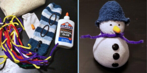 Craft materials like socks, glue, and pipe cleaners are shown on the left. On the right is a snowman made from these materials, exuding a playful tone.